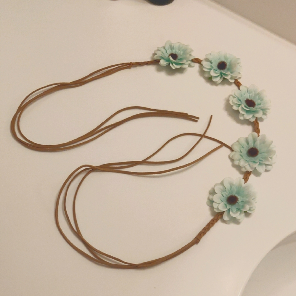 Teal/Green Floral Headband with Brown Strap Y2K Boho Cottagecore